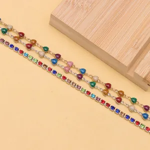 Bohemian colorful heart charm chains and rainbow crystal tennis bracelets set in gold finish