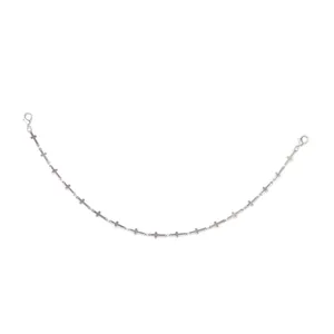 Silver metal hat accessory chain with cross links and dual lobster clasps on white background
