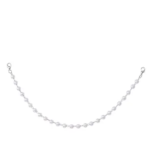 Detailed view of white faux pearl decorative chain featuring silver metal lobster clasps