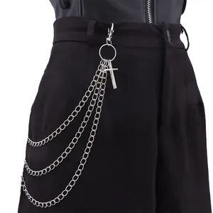 Punk Streetstyle Dreilagige Metall Hosenkette Mit Kreuzanhänger Silber Hip Hop Gürtelkette Für Herren Damen Mode Schmuck