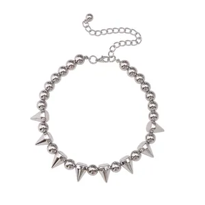 Punk style silver alloy choker with bullet spikes and adjustable ball chain for women
