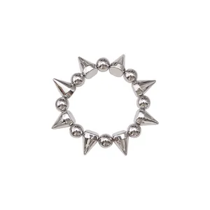 Detailed top view of punk style silver alloy ring featuring alternating smooth spheres and sharp spikes