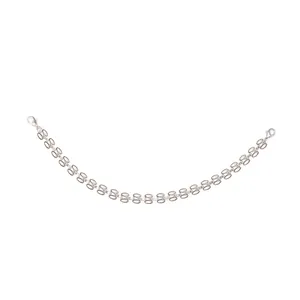 Detailed view of silver metal chain with double-ring links and dual lobster clasps