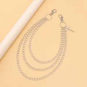 Dreilagige silberne Hosenkette aus Metall mit Kreuzanhänger und Karabinern für Streetwear