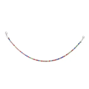 Macro view of multi-color crystal tennis chain with silver lobster clasps for hats