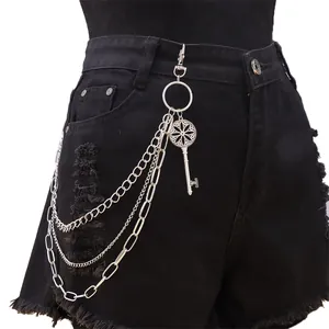 Punk Mehrlagige Silber Metall Hosenkette Mit Vintage Hohl Blumen Schlüsselanhänger Hip Hop Dreilagige Taillenkette Unisex