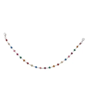 Detail view of Bohemian heart-shaped colorful bead chain with silver lobster clasp