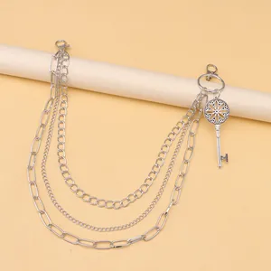 Mehrlagige silberne Metall-Hosenkette mit Vintage-Schlüsselanhänger und Gliedern