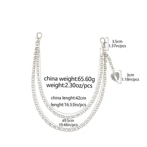 Chaîne de pantalon argentée à trois couches avec pendentif cœur et dimensions détaillées
