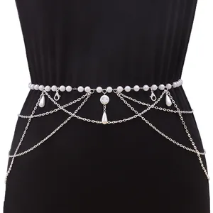 Vintage Multi Layer Waist Chain For Women Faux Artificial Pearl Tassel Metal Body Chain Dress Hanfu Decoration Jewelry Accessory