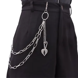 Chaîne de Pantalon Vintage Punk Double Couche en Alliage Argent Avec Pendentif Cœur Aile Chaîne de Taille Hip Hop Unisexe