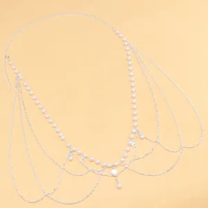 Retro multi-layer silver body chain with pearls and tassels for dresses and Hanfu