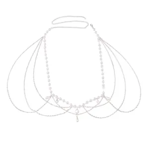 Elegant multi-layer pearl body chain with silver metal fringe and teardrop pendants