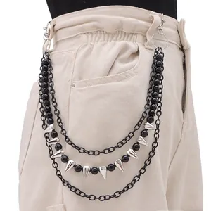 Three-layer punk trouser chain with black beads and silver metal cone pendants