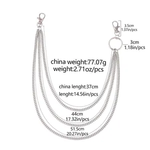 Three-layer silver punk waist chain with detailed length specs 37cm 44cm and 51.5cm