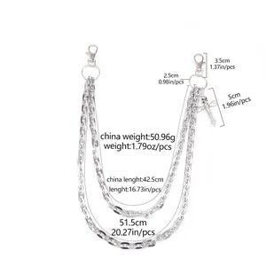 Detail view of double-layer silver metal wallet chain with screw pendant and lobster clasps