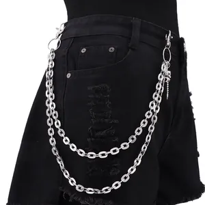 Hip hop silver double-layered metal trousers chain with skull and cross pendant