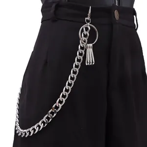Detail of silver punk metal pants chain featuring a lobster clasp and large ring detail