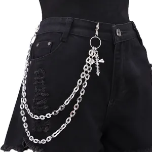 Double Layer Metal Chain Hip Hop Trouser Chain With Skull Cross Screw Pendants Punk Waist Chain For Men Women Silver Belt