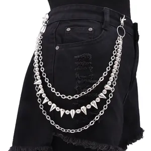 Punk multi-layer silver metal pants chain with spikes and beads on black denim