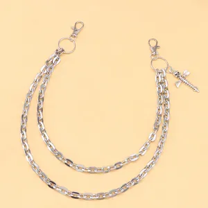 Double-layered silver hip-hop pants chain featuring a skull cross screw pendant design