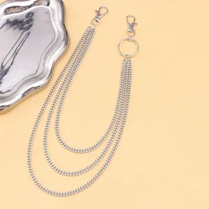 Punk style multi-layer silver metal waist chain with triple Cuban links and lobster clasps