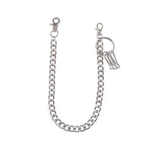 Polished silver metal wallet chain with large lobster clasps and key rings on white background