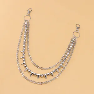 Three-layer silver metal pants chain with punk style beads and rivet spikes decor