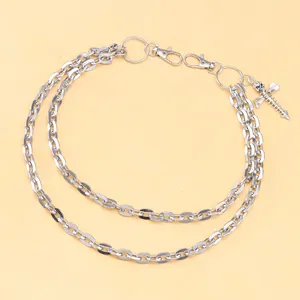 Double-layered hip hop pants chain with silver skull and cross screw pendant decoration