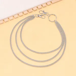 Three-layer silver metal pants chain with punk hip-hop rings and lobster clasps