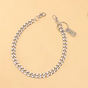 Fashionable silver metal trouser chain with dual lobster clasps and utility hooks