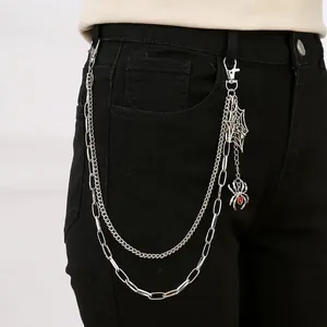 Punk multilayer silver metal pant chain with rhinestone spider and spiderweb pendant