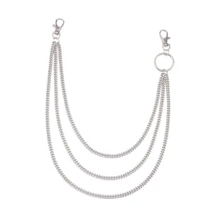 Three-layer silver metal pants chain with circular ring and lobster clasps for punk style