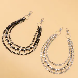 Punk multi-layered metal pant chain with silver and black beads and spiked studs