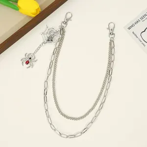 Gothic multi-layer silver pants chain with spider web and red crystal spider pendants