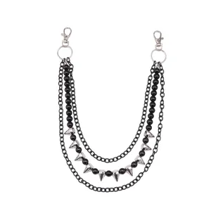 Three-layer punk trouser chain with black beads, silver spikes, and metal lobster clasps