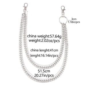 Detail view of double-layered metal pants chain with 41cm and 51.5cm length markings