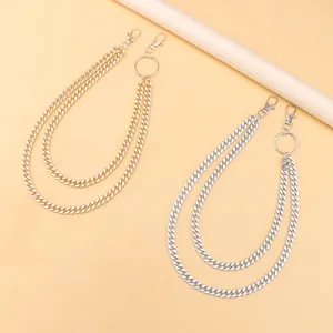 Double-layered metal pant chain with lobster clasps and ring in gold and silver finishes