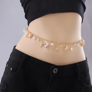 Bohemian Summer Beach Shell Waist Chain For Women Gold Metal Body Chain With Faux Pearl Starfish Conch Pendant Fashion Jewelry
