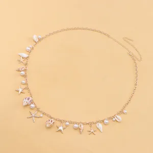 Bohemian gold waist chain with sea shells, starfish pendants and pearls for women