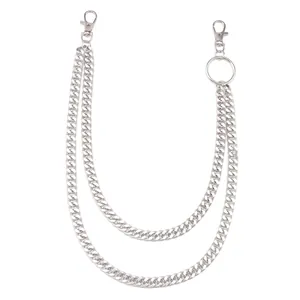 Detail of silver double-layered metal trousers chain with lobster clasps and key ring