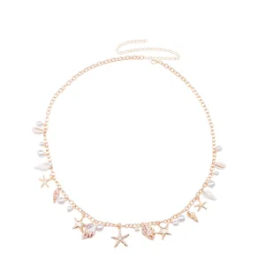 Bohemian gold waist chain with sea shells, starfish pendants and pearls for women