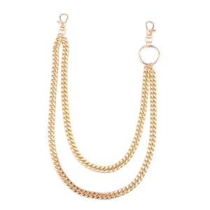 Dual-layer gold metal wallet chain with lobster clasps for jeans and streetwear style