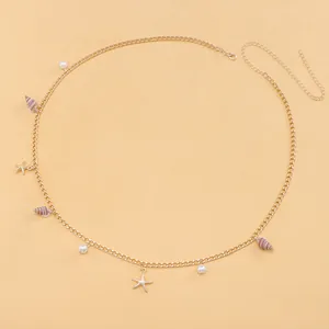 Bohemian gold beach belly chain with white pearls, starfish and natural shell pendants
