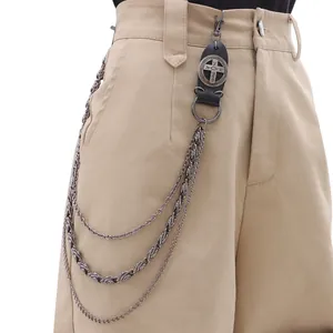Retro multi-layer metal pants chain with leather cross emblem for punk streetwear style