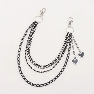 Close-up of double-layer metal wallet chain with 8-bit pixel heart charms and lobster clasps