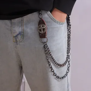 Punk Metal Pant Chain With Cowhide Leather Cross Skull Pendant Retro Gothic Hip Hop Waist Chain Wallet Chain For Jeans Men Women Jewelry