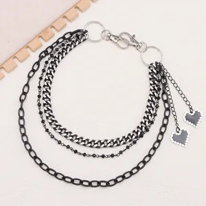 Double-layered black and silver metal trousers chain with pixel heart pendants for men