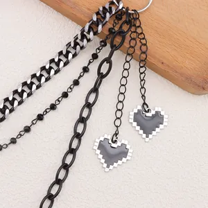 Gothic multi-layer metal pants chain with 8-bit pixel heart pendants for men