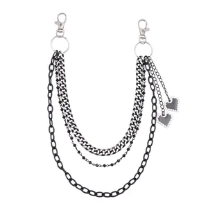 Punk style layered metal pant chain with black oversized links and pixel heart charms